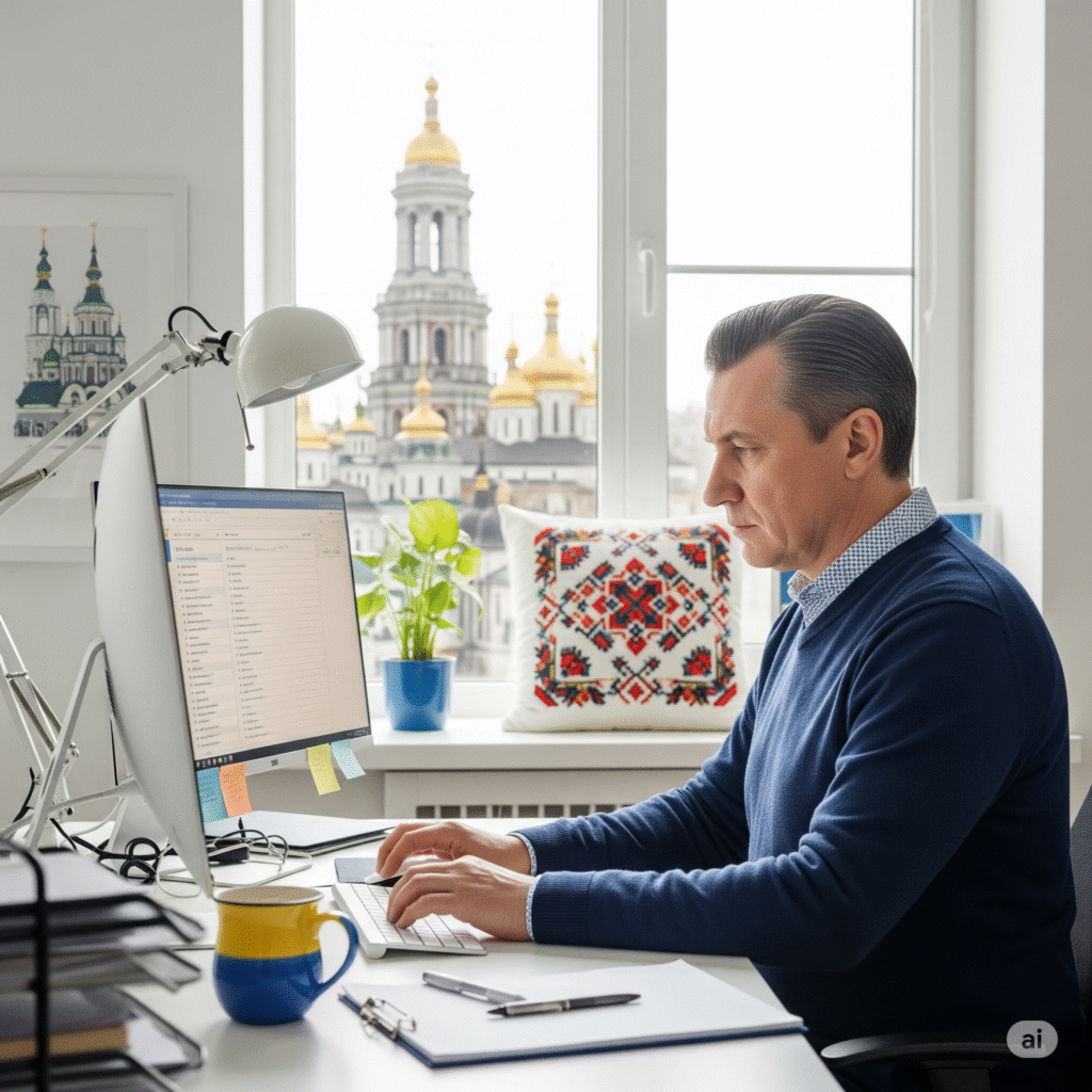 Українець працює за комп'ютером вдома, організоване робоче місце - Боротьба з прокрастинацією