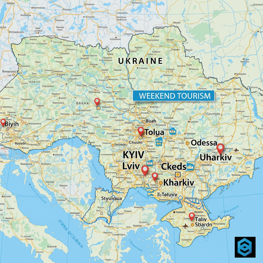 Карта України з позначеними містами для вікенд-туризму