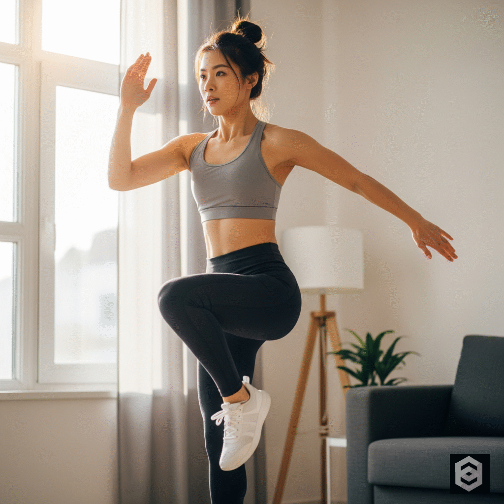 Женщина выполняет HIIT тренировку дома без оборудования - Кардио без тренажеров