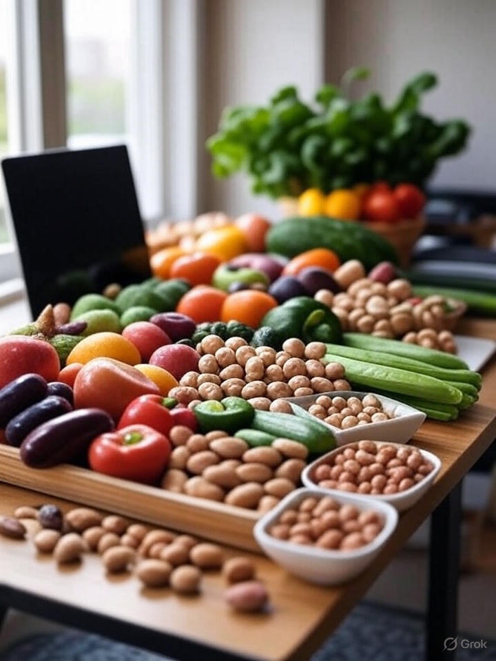 Здорове харчування для продуктивності - овочі, фрукти та горіхи на робочому столі