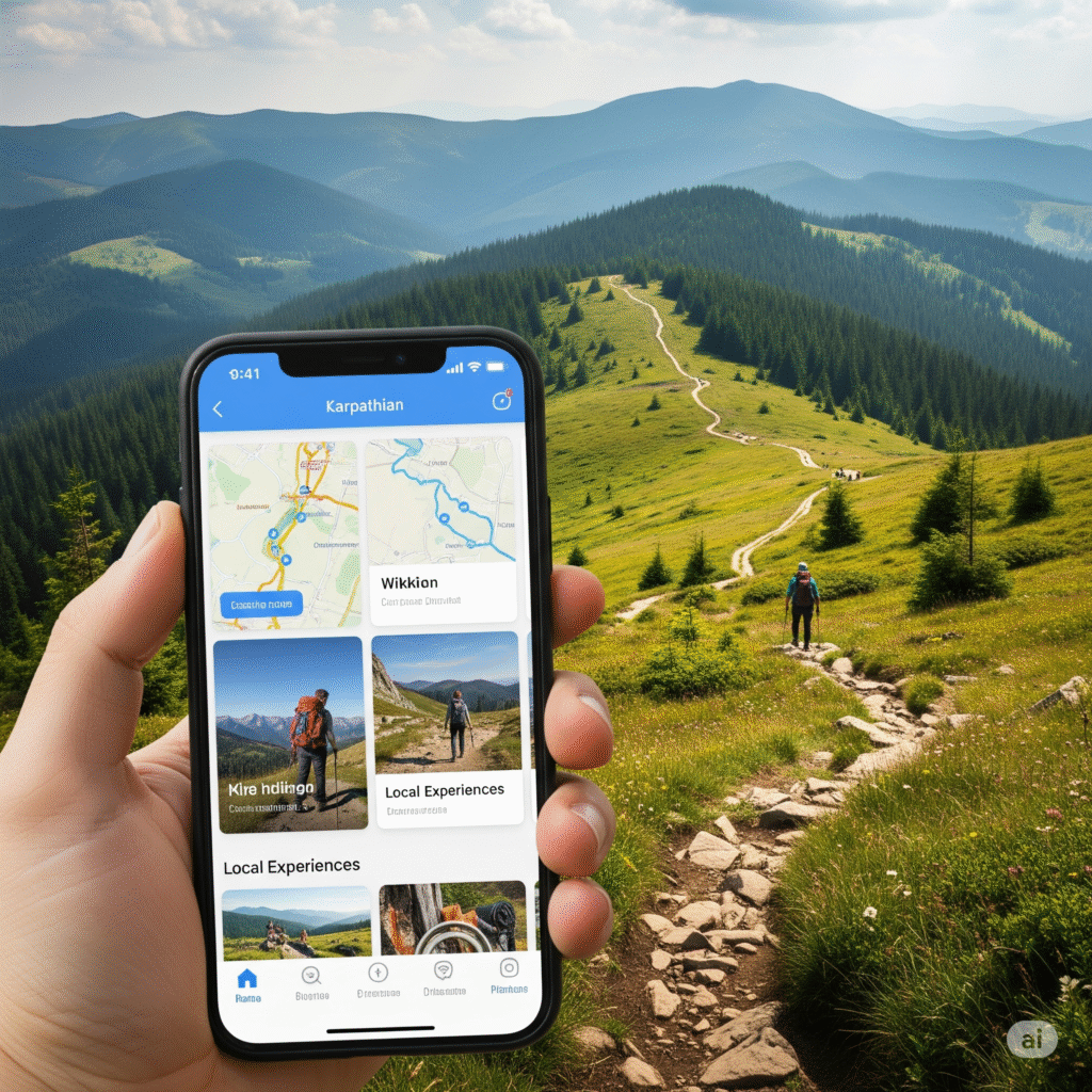 Смартфон з туристичними додатками на фоні українських Карпат - Гід мандрівника
