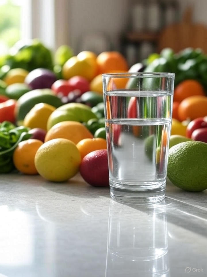Склянка чистої води та здорові продукти